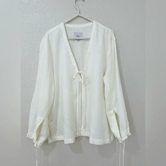 RAILS Myra Tie Neck Linen Top In White Size M-L - Picture 3 of 10
